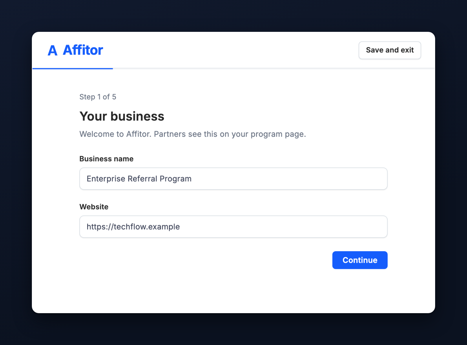 Step 1 of 5, Your business, with Business name, Website and Continue