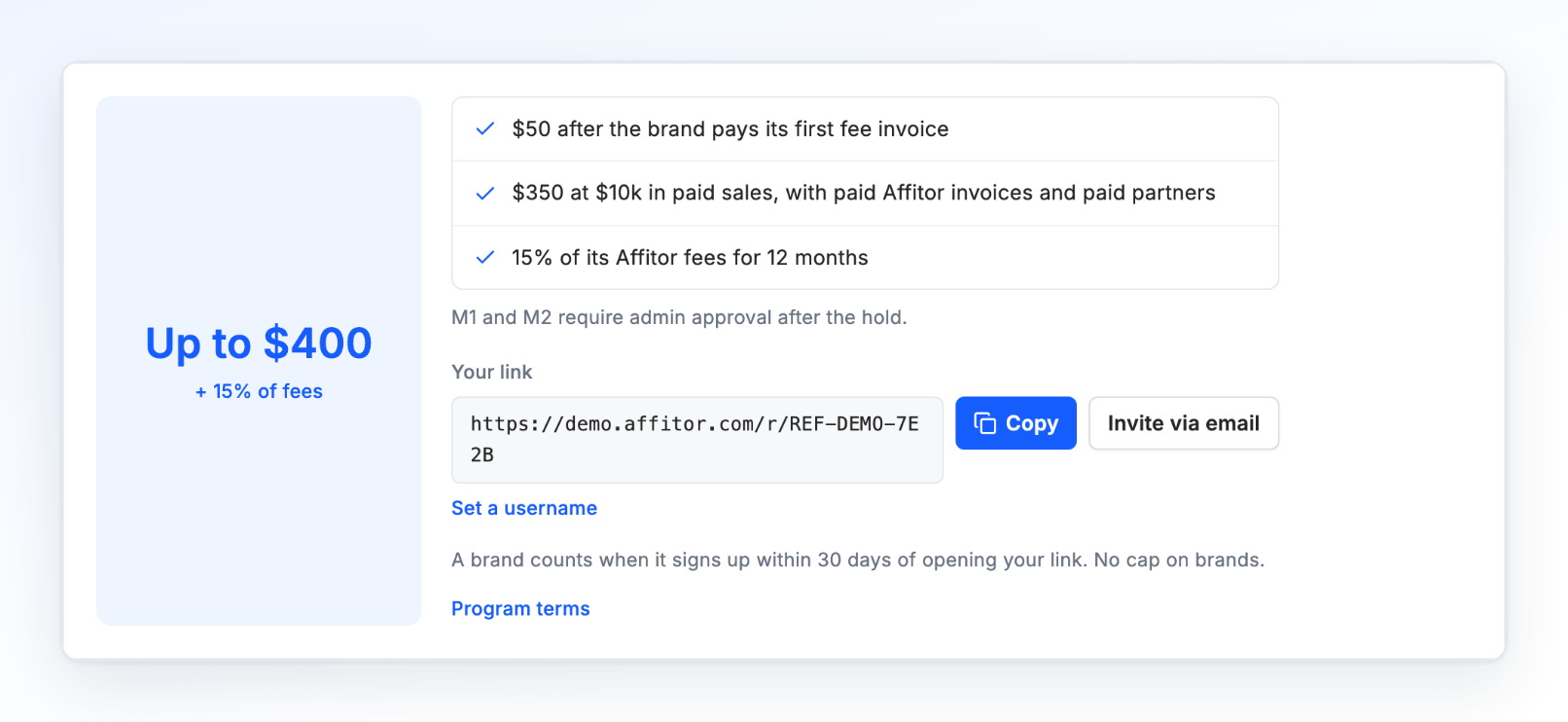 Referrals with the three reward lines, the approval note and your link with Copy